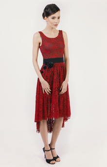 ILLANGO FASHION, AUDREY COLLECTION, elegant red lace dress with black velvet flowers